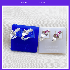 FLORA 0187B - Bông tai bạc ta hình bướm đính đá hồng trắng dành cho bé gái