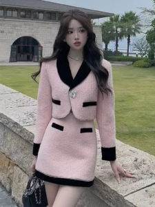 French Style Woolen Coat And Mini Skirt Set for Women Autumn Winter Fashion High Waist A-Line Skirt Diamond Embellished Outfit