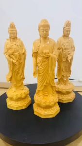 Tượng Phật Tây Phương Tam Thánh chất liệu Gỗ Hoàng Dương Mộc size 20cm nhập khẩu làng nghề chạm khắc tượng Đài Loan