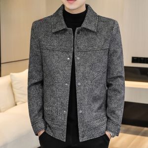 HENGYUANXIANG | Fashionable Casual Mens Short Woolen Jacket Autumn Winter Tweed Coat Turn-down Collar Button Decor Standard Fit Youth Wear