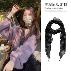 Khăn Choàng Lụa Kẻ Caro Phong Cách Hàn Quốc Cao Cấp Mỏng Có Dây Thắt Lưng Màu Đen Thanh Lịch Đa Năng Mùa Hè Xuân