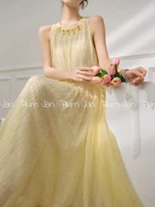 PlumJan | Đầm Vòng Cổ Kiểu Bohemian Mùa Hè Màu Vàng Mới Có Họa Tiết Đính Hạt