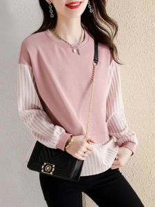 เสื้อสเวตเตอร์คอกลมลายทางสไตล์ลำลองสำหรับผู้หญิง ฤดูใบไม้ผลิและฤดูใบไม้ร่วง ทรงหลวม แขนยาว ผ้าผสมคอตตอน