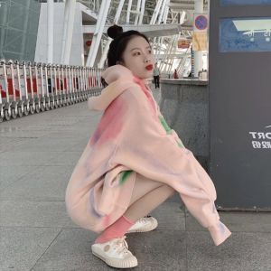 Pink Hooded Tie Dye Fleece Womens Sweatshirt Mid-Length Long Sleeve Oversized Comfortable Cotton Blend Korean Style Top