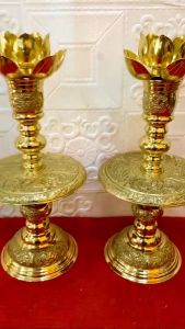 Đôi chân nến đồng vàng cao cấp có hoa sen kép đỡ nến - Đồ thờ phụng cao cấp bằng đồng đồ thờ đồng