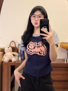 Áo Thun Nữ Tay Ngắn Dáng Ôm Họa Tiết Mèo Dễ Thương Màu Khối Thêu Cổ Tròn Mùa Hè Chất Liệu Cotton Pha Trộn Polyester
