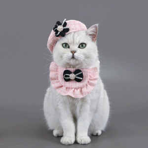 Pet Bib Suit Woven Classic Style Flower Beret Bows Lace Saliva Towel Cat Dog Camellia