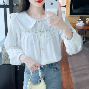 AMMINs new summer French wooden ear edge embroidery floral lapel long-sleeved chiffon blouse Womens Korean version style simple small fresh chic single breasted floral elegant blouse