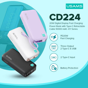 USAMS CD224 10000mAh Pocket powerbank 20W Fast Charging Power Bank With Type-C 50cm retractable storage cable for iPhone HuaWei Xiaomi Android Mobile Phone