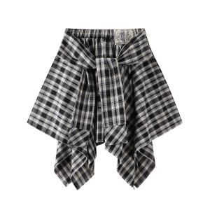 High Waist A-Line Mini Skirt Black White Checkered Irregular Design Commuter Korean Style Lace Splicing Short Skirts for Women