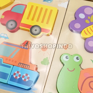 TAIYO Puzzle Kayu 3D 4in1 Matching Shapes Wood Jigsaw Animal Transport Monterssori Mainan Anak