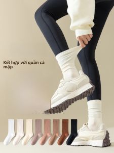 JINGCHI | Tất dài đến bắp chân bằng cotton nguyên chất cho nữ mùa xuân thu chống mùi tất dài màu trắng phong cách đơn giản