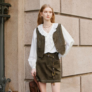 XIANGYING | Vintage Embroidered V-Neck Sleeveless Faux Suede Short Vest Autumn New