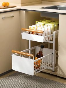 Pullout Under Sink Organizer Kitchen Sliding Storage Rack Kitchen Cabinet Organizer Drawer Basket Rack With Wooden Handle