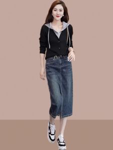 Bộ Đồ Hai Mảnh Thời Trang Nữ Xuân Mới Thời Trang Thường Ngày Váy Denim Cạp Cao Thon Gọn Giảm Tuổi Bộ Đồ Hai Mảnh