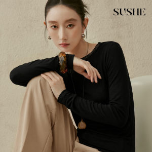 SUSHE | Elegant Stretch Large U-Neck Lace Stitching Long Sleeve T-Shirt