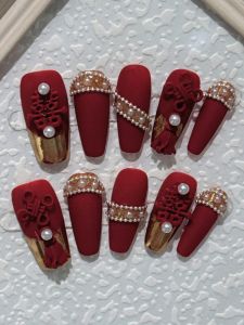 Handmade Wedding Nail Tips Pure Red for Brides to Wear Show He Wedding Dress Drinking Costume New Bride Calligraphy Nail Art