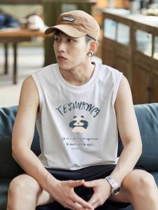 Pure Cotton Vest Mens Summer Trendy Outwear Waistcoat Sleeveless T-Shirt Boys Basketball Sports Panda Short Sleeve Tops