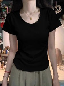Pure Cotton Short Sleeve T-Shirt Womens Winter Sweet And Spicy Short High Waist Slimming Top U-Neck Design Casual Commute Style
