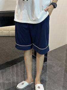 กางเกงขาสั้นผ้าฝ้ายลายทางสีน้ำเงินเข้มสำหรับผู้ชาย ทรงหลวม ระบายอากาศได้ดี กางเกงขายาวผ้าฝ้ายผสมสำหรับใส่อยู่บ้าน