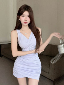 Sweet Elegant Womens Slim Fit Dress Summer  Pure Desire Waist Cinching French V-neck Wrap around Skirt High Waist Short