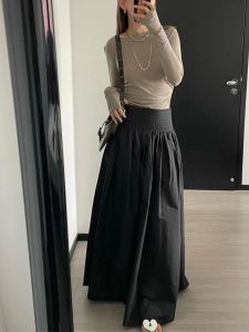 Pumpkin/Cotton Blended Non-Wrinkle All-Matching Long Hepburn Black Dress Womens Wide Waist Ruched Skirt Umbrella Skirt