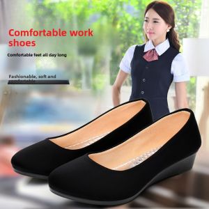 WanHeDa Taixin Old Beijing Cloth Shoes Womens Thin Shoes Wedge Slip-on Work Shoes Professional Plaid Black Cloth Shoes
