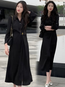 ชุดเดรสยาวทรงเอเอวสูงสไตล์เกาหลีฤดูร้อน 2024 ชุดทำงานสีพื้นแขนยาวคอโปโล ชุดทำงานสไตล์เกาหลี