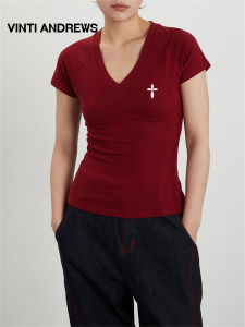 V-Neck Shoulder Fit Short Sleeve T-Shirt Slimming Matchable Sporty Style