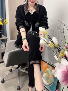 Fashionable Spliced Set Womens Early Spring New Style Slimming Personality Open Cardigan Long Pants Two-Piece Set Traditional Chinese Style