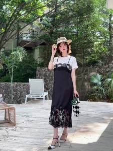 MIUCO | Đầm Thêu Hoa Văn Giả Hai Mảnh Đen Trắng