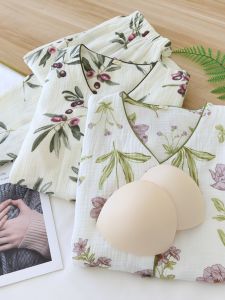 Pure Cotton Sleepwear Womens Removable Chest Pad Gauze Double Layered Home Clothes Full Cotton Flower Lady round Neck