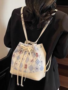 New Chinese Style Bucket Bag Womens Fashionable Single Shoulder Travel Bag Retro Trendy Mixed Material Casual Daily Use