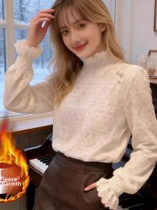chaqi | Winter Autumn French Apricot Colored Layered Wear Insulated Thick Half-High Neck Lace Top