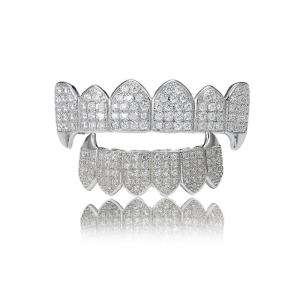 Hip Hop Diamond Embedded Silver Teeth Grills Micro Paved White Stones Customizable Personalized Male Fashion Jewelry