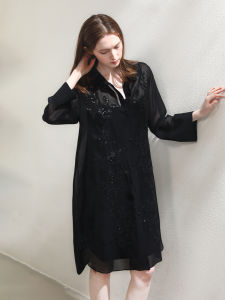 Miccbeirn | 100% Silk Georgette Embroidered Shiny Sequins Shirt Dress Mulberry Silk Artistic Slimming Two-Piece Set Commute Style Loose Waist