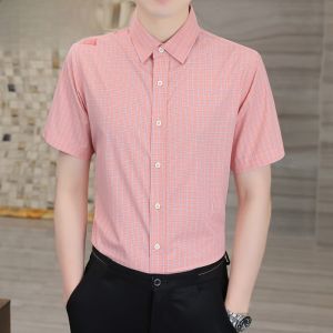 HENGYUANXIANG | Hengyuanxiang Mens Short Sleeve Shirt Summer Ice Silk Casual Fashionable City Style Plaid Pattern Sharp Collar No Ironing Required