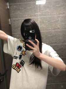 เสื้อยืดแขนสั้นผู้หญิง KDLF ทรงหลวม สไตล์อเมริกัน ผ้าฝ้ายแท้ สีขาว-เทา ทรงปกติ คอกลม ฤดูร้อน 2025