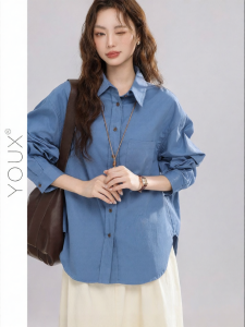 YOUXIANG | Áo Sơ Mi Dài Tay Form Rộng Màu Xanh