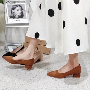 Korean Women Shoes: 1 Inch Suede Pointed Toe Black Office Work Block Heel Shoes
