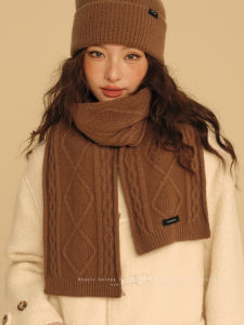 Australian Pure Wool Hat Scarf Set for Women Thick Warm Winter Vintage Coffee Color Mermaid Design Scarf Fashionable Accessories