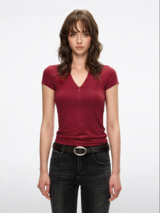 V-Neck Zipper Logo T-shirt Tencel and Wool Blend