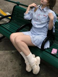 Váy Sơ Mi Kẻ Sọc in Nơ Bướm Thanh Lịch Phong Cách Hàn Quốc Cạp Cao Tay Ngắn Váy Chữ a Váy Ngắn Ôm Sát Eo