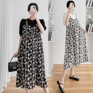 Real Stock Maternity Wear Summer Loose Slim Fake Two Pieces Floral Dresses White Black Round Neck Pregnant Women Dress