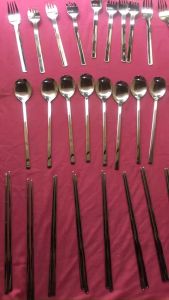 Combo 10 đôi đũa / 10 muỗng (10 thìa) / 10 nĩa đầu dẹp đặc ruột inox kiểu Hàn Quốc muỗng dài 22 cm đũa dái 23 cm