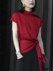 QINGNAER | Elegant French Vintage Loose-Fit Red High-Neck Tied Waist T-Shirt