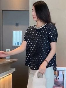 BINKAFENNY | Chic Polka Dot Round Neck Short Sleeve Shirt Womens Summer Plus Size Stylish Blue Color Korean Style Commute Fashion Top