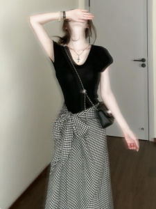 HUAYILING | French Black White Plaid Mini Skirt Women Summer New Irregular A-Line Long Skirt High Waist Polyester Cotton Blend Sweet Style