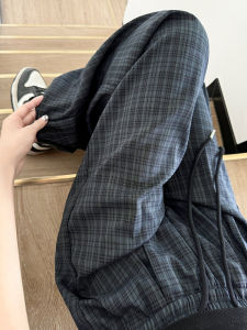 ย้อนยุค ผ้าฝ้าย ผ้าลินิน ลายสก็อต กางเกง ผู้หญิง ฤดูร้อน 2024 ใหม่สูง เอว ผ้าม่าน ลำลอง ความยาวพื้นเดิน กางเกง ขากว้าง กางเกง