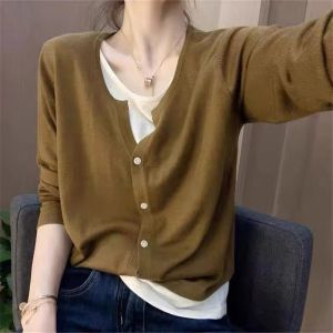 Discount Outlets V-Neck Fake Two Pieces Loose Wool Knitted Cardigan